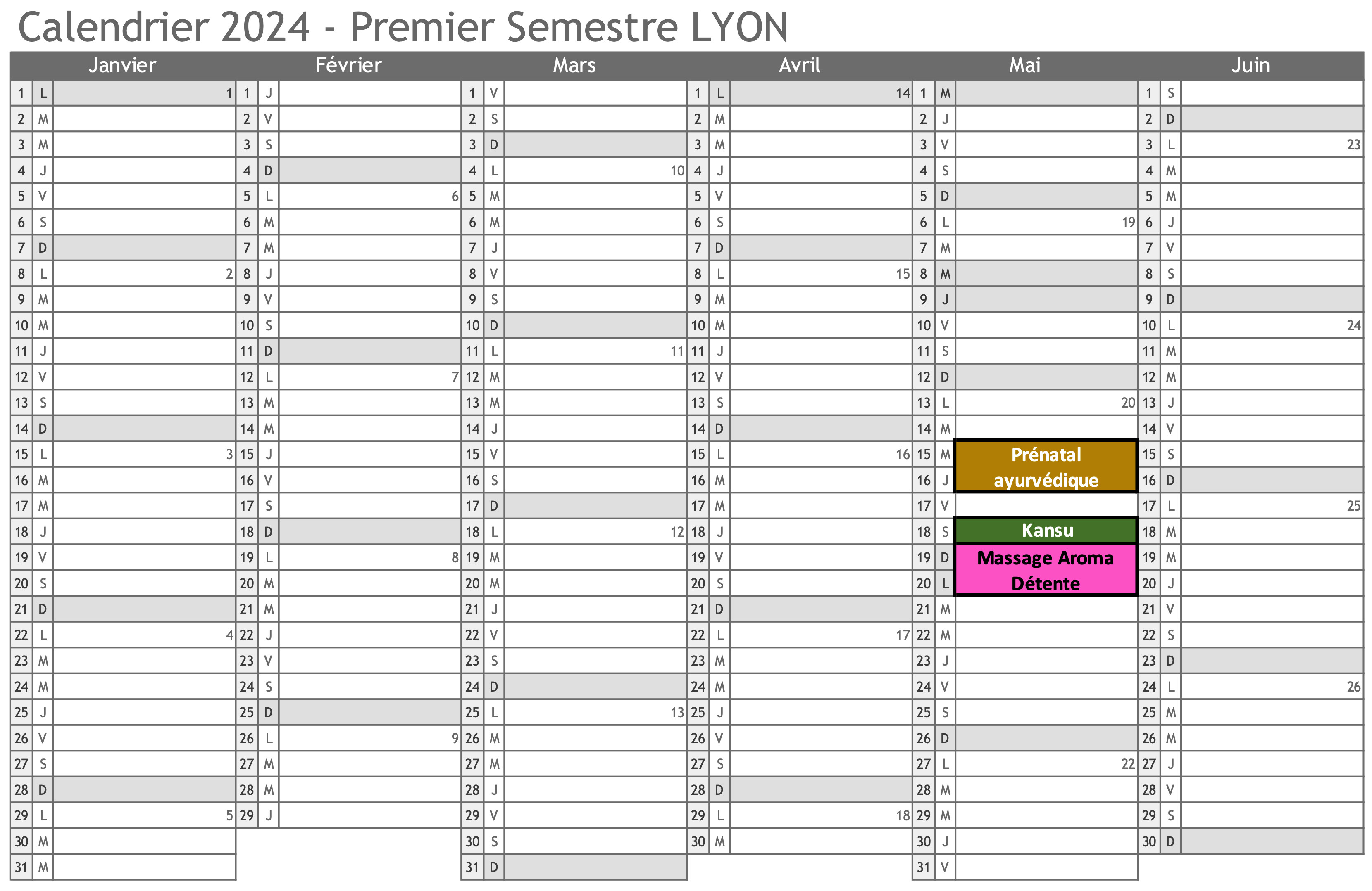 Calendrier sur 6 mois